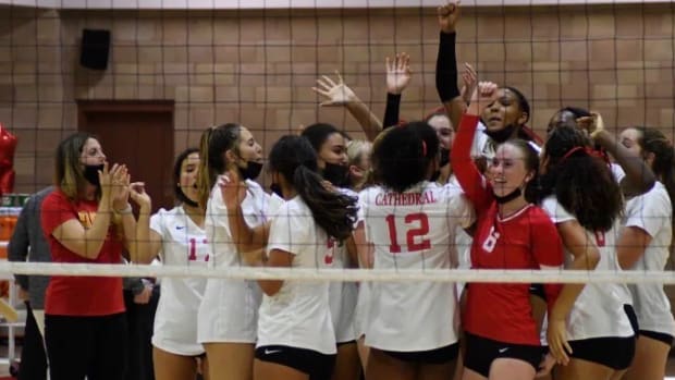 Cathedral Catholic 2021 Girls VB celebration 1 SDS Open title Bodie de Silva